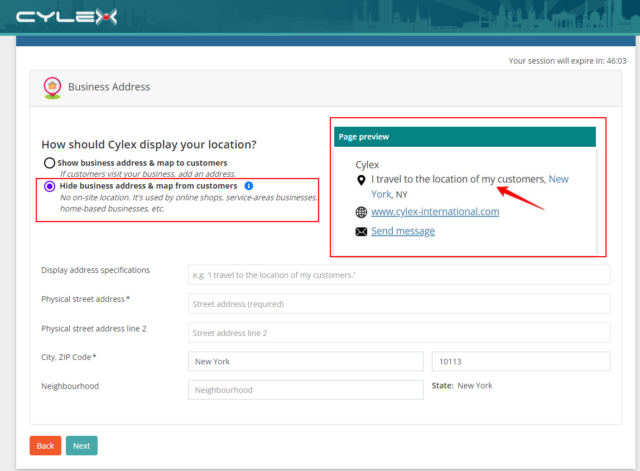 Cylex Hide Business Address and Map from Customers