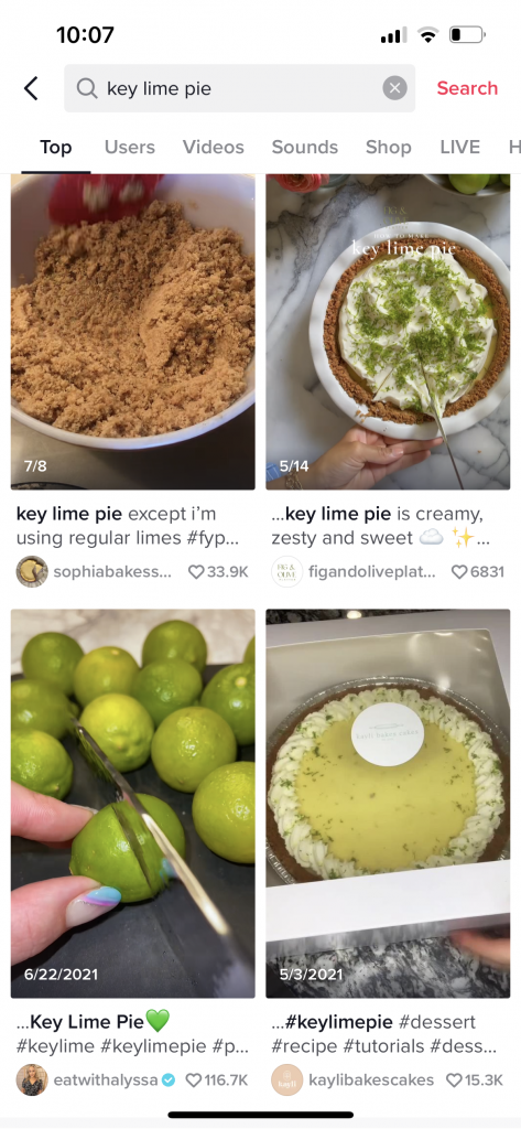 A search for 'key lime pie' on TikTok