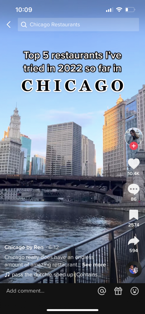 A TikTok video screen shot which says "Top 5 restaurants I've tried in 2022 so far in Chicago"