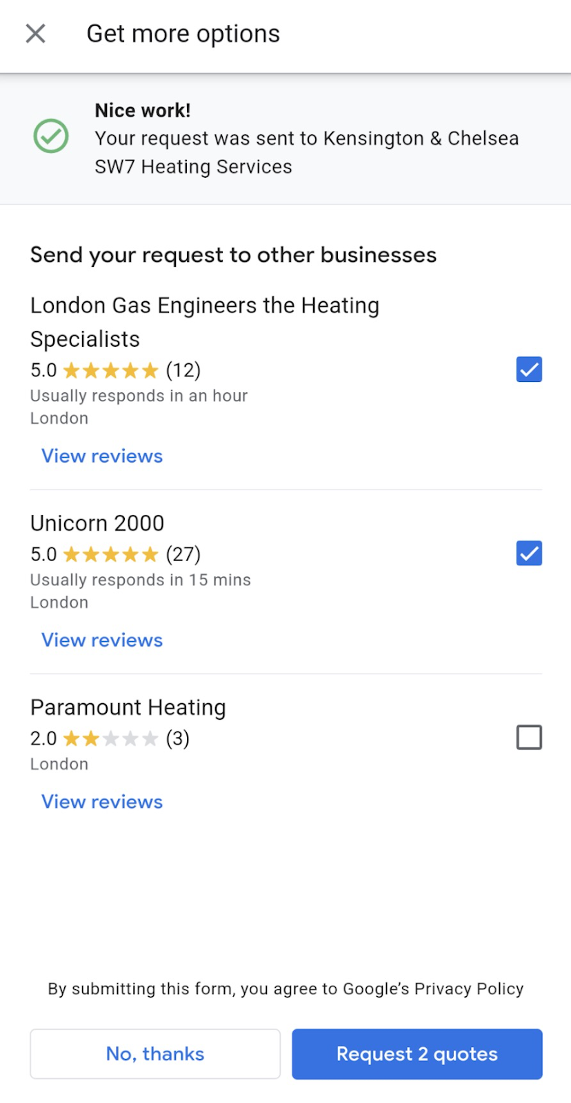 Request Google business profile Quotes