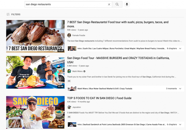 A YouTube search for 'san diego restaurants'
